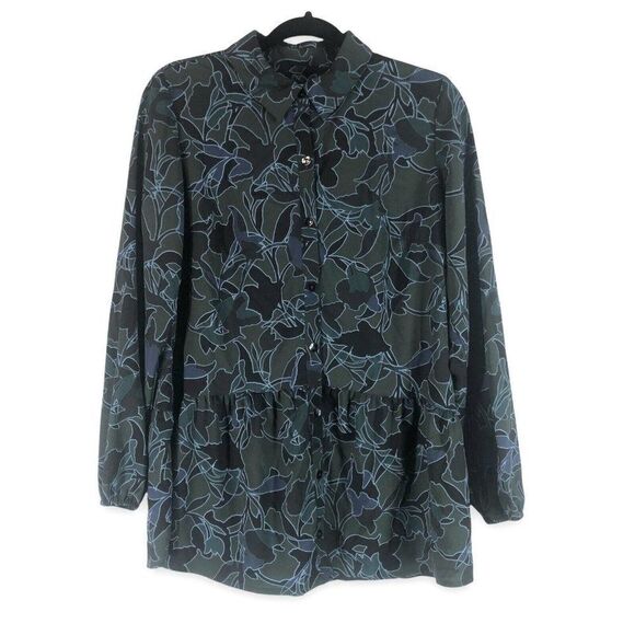 LOGO‎ Lori Goldstein XS Button Down Tunic Peplum Blue Green Floral Blouse - Picture 1 of 12